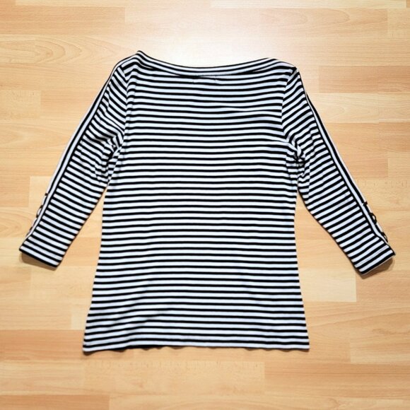 Chaps Black White Striped Suede-like Tie Up Embellished 3/4 Sleeves | Large - Picture 12 of 17